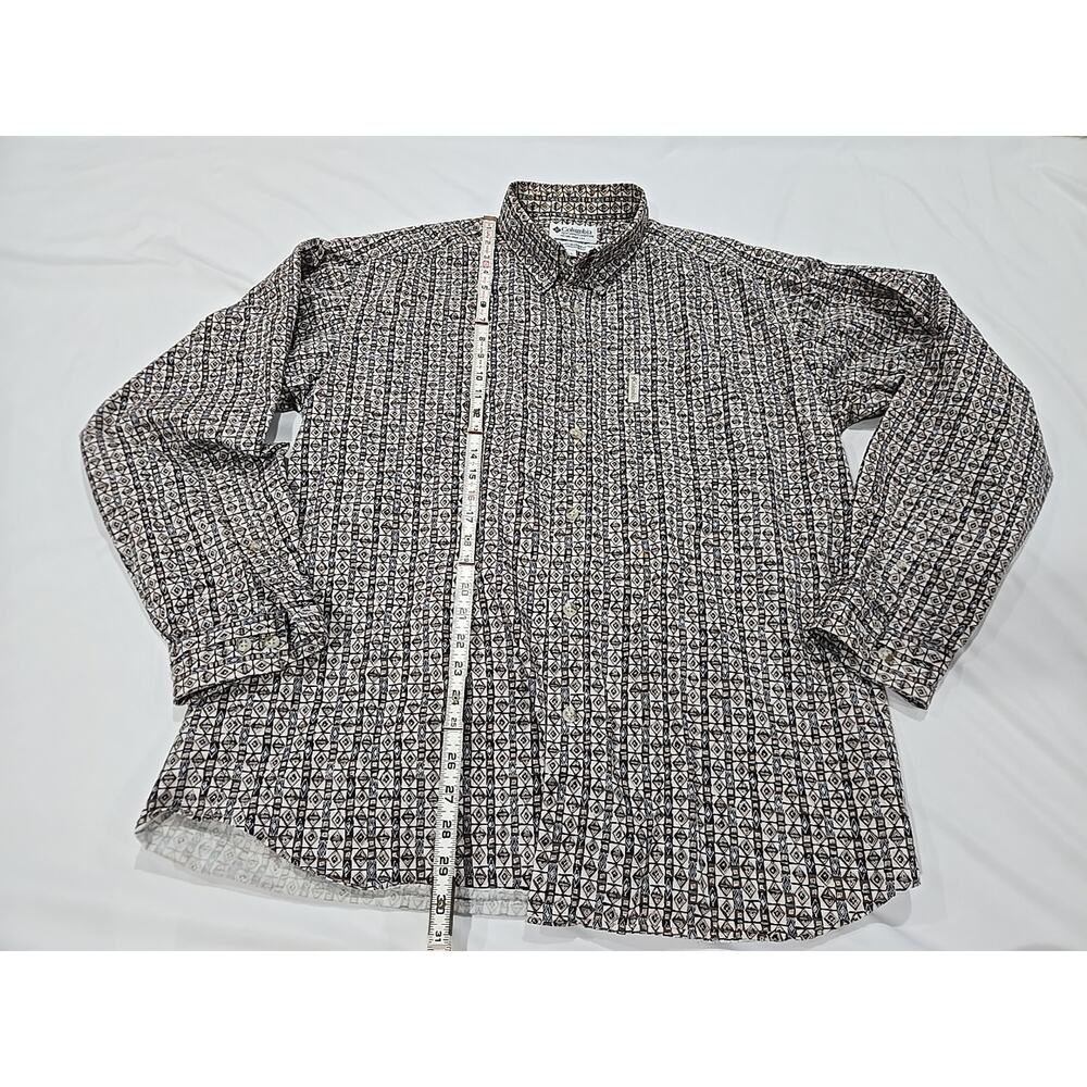 Columbia Mens 100% Cotton Button Down Shirt Large Brown Language Pattern
